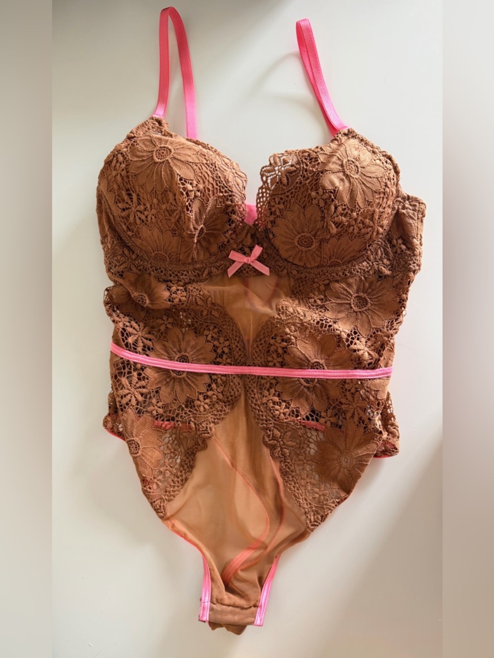 Cosabella Floral Lace Bodysuit in Brown with Pink Trim